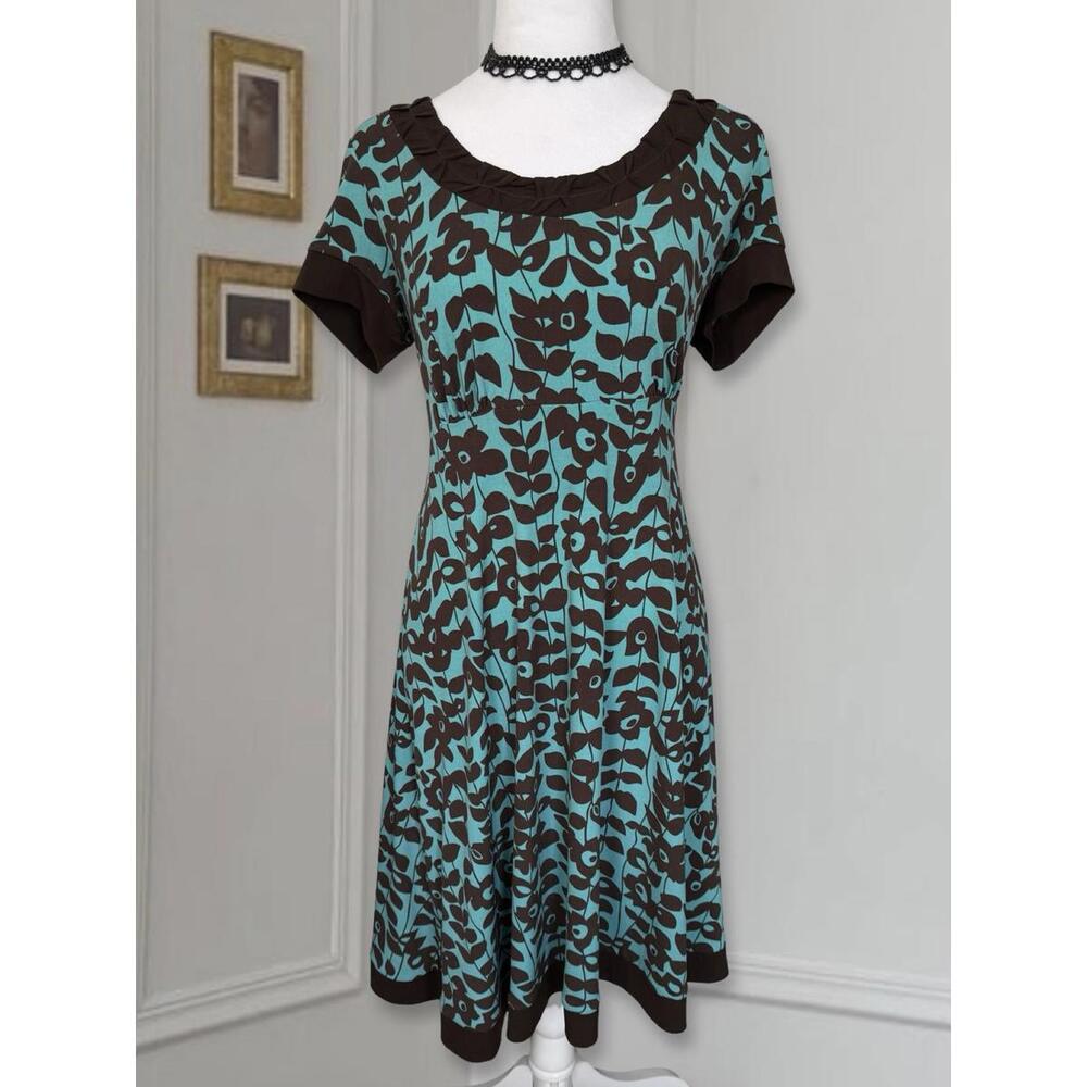 Teal and Brown Twee Floral A-Line Midi Dress